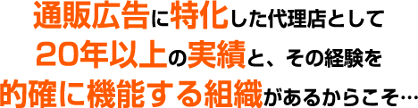 通販広告に特化した代理店として20年以上の実績と、その経験を的確に機能する組織があるからこそ…