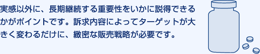 実感以外に、長期継続する重要性をいかに説得できるかがポイントです。訴求内容によってターゲットが大きく変わるだけに、緻密な販売戦略が必要です。