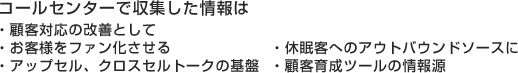 コールセンターで収集した情報は・顧客対応の改善として・お客様をファン化させる・アップセル、クロスセルトークの基盤・休眠客へのアウトバウンドソースに・顧客育成ツールの情報源